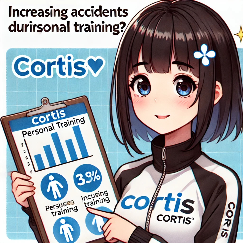 黒髪のCortisちゃんがクリップボードを持ちながら、パーソナルトレーニング中の事故の統計について話している様子。背景はジムの環境を示している。
