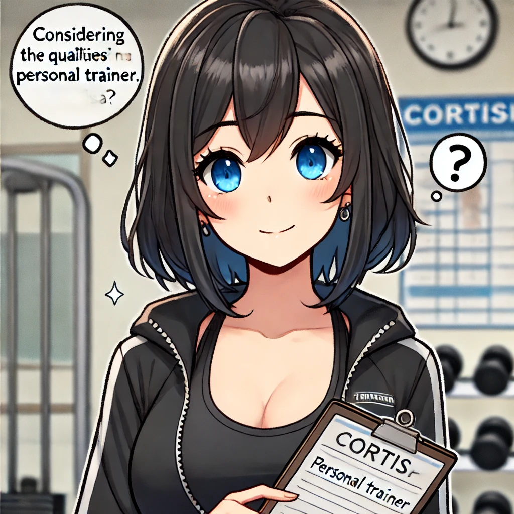 Cortisちゃんが黒いトレーニングウェアを着用し、青い目でクリップボードを持ちながら、パーソナルトレーナーに求める条件について考えている様子。背景はジムの環境。