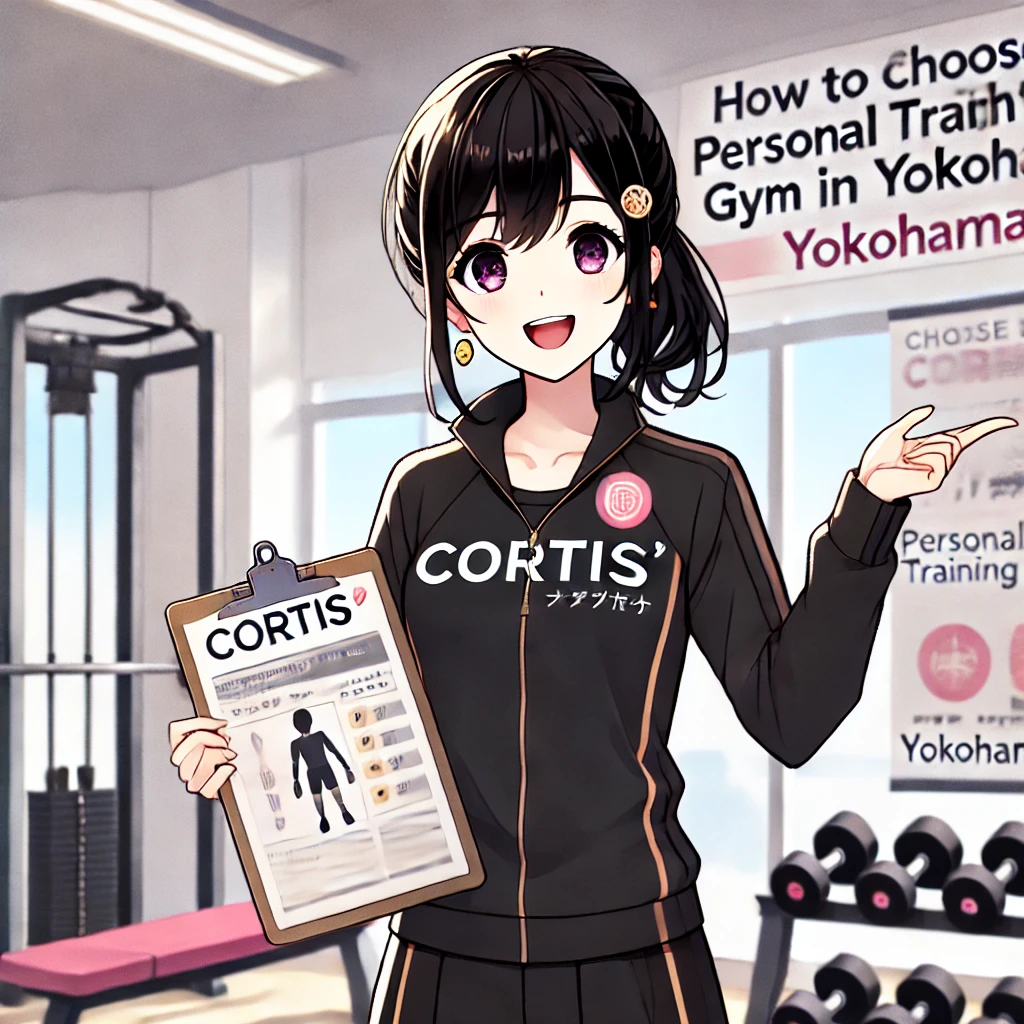 黒髪のCortisちゃんが、横浜周辺で自分に合ったパーソナルトレーニングジムの選び方を説明している様子