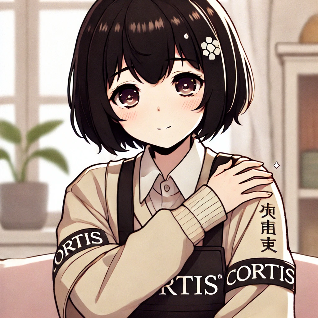 Cortisちゃんが肩をさすり、肩こりによる頭痛に悩んでいる様子。