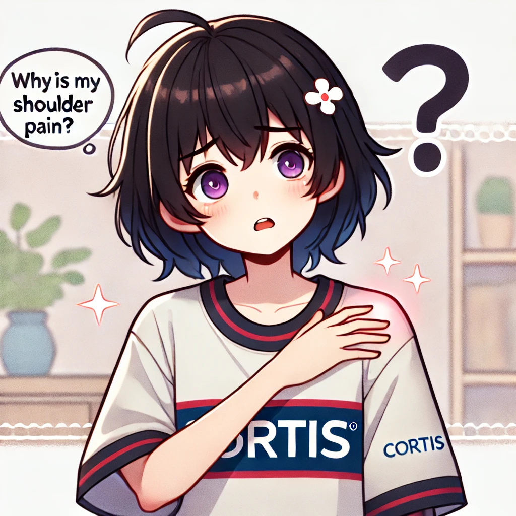 肩こりが改善しないことに疑問を持っているCortisちゃんが、肩をさすりながら困惑している様子。