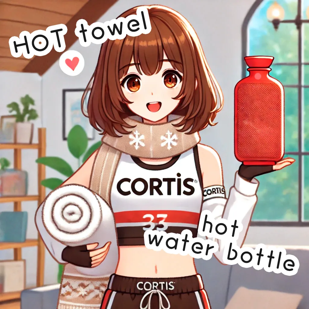 ホットタオルと湯たんぽを持ったcortisちゃん