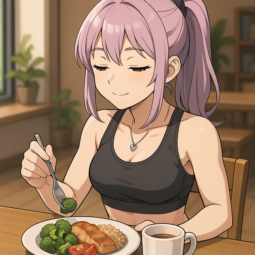 紫の髪をしたスポーティな女性キャラクターが、木製テーブルでヘルシーな食事をゆっくりと楽しんでいる様子のアニメ風イラスト。