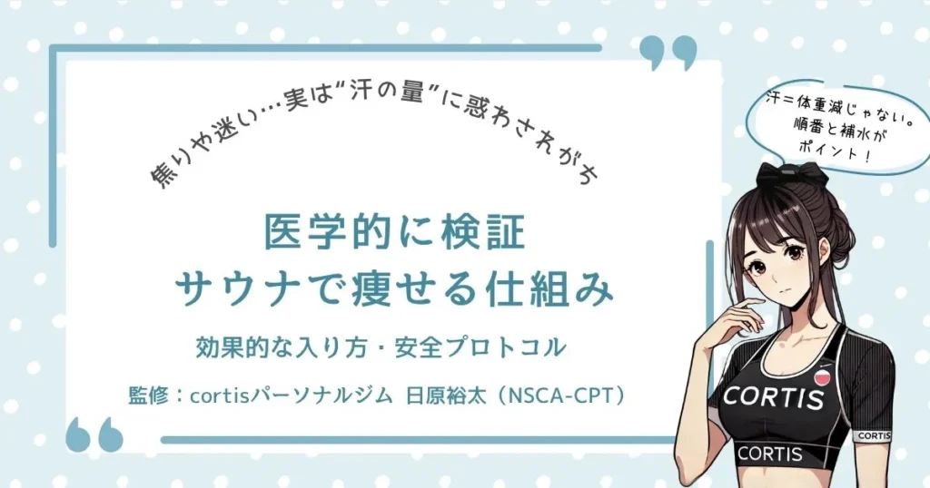 サウナで痩せる仕組みと効果的な入り方を解説する記事のヘッダー画像。右に女性イラストの吹き出し「汗＝体重減じゃないよ。順番と補水がカギ！」。