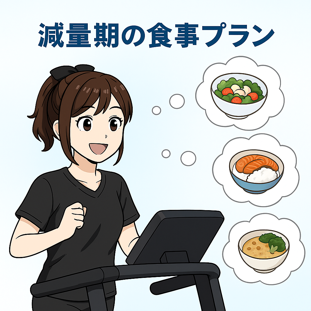 ランニングマシンで笑顔で走る女性が、吹き出しの中でサラダ、焼き鮭とご飯、味噌汁の献立を想像しているイラスト