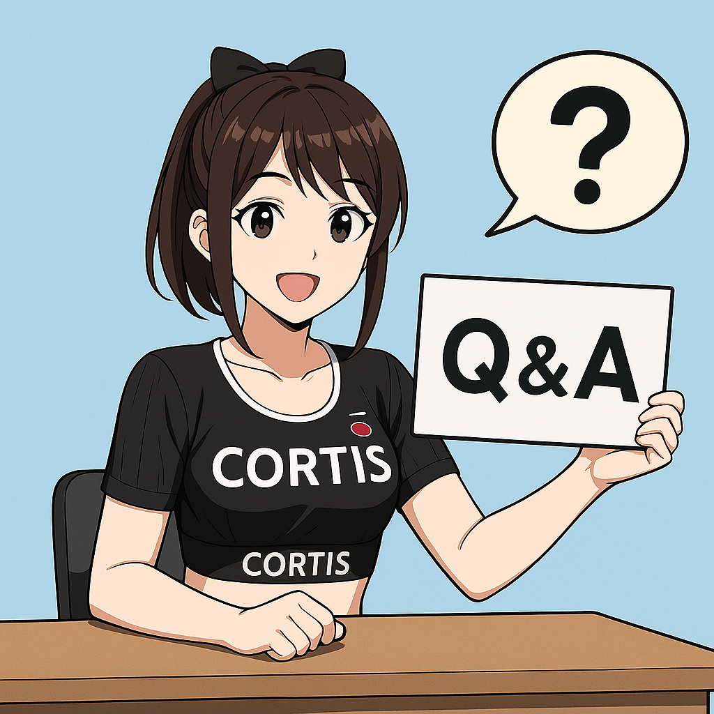 黒い「CORTIS」ロゴ入りトップスを着た女性キャラクターが、淡い水色背景の前でQ&Aボードと質問マークの吹き出しを持っているイラスト