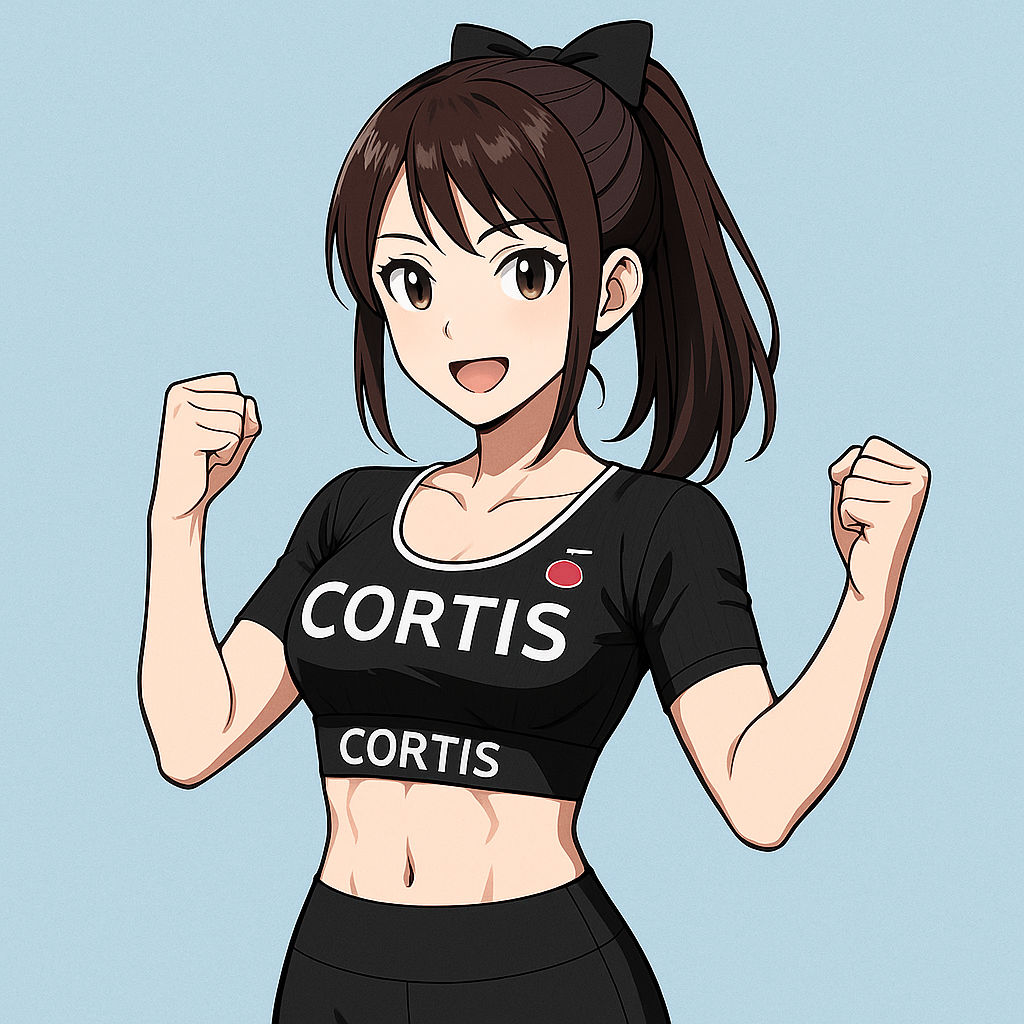 黒い「CORTIS」ロゴ入りトップスを着た女性キャラクターが、淡い水色背景の前で両腕を上げてガッツポーズをしているイラスト