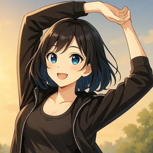 朝のストレッチで肩こりを和らげる女性のイラスト