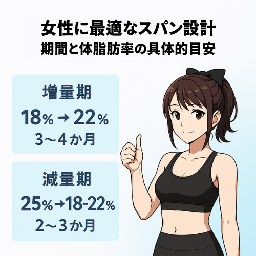 女性に最適な増量期と減量期の体脂肪率と期間を示すアニメ風図解
