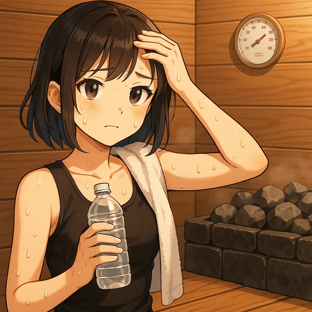 サウナで代謝アップを目指すときの注意点をイメージしたキャラクターイラスト|水分補給や体調管理を意識する女性