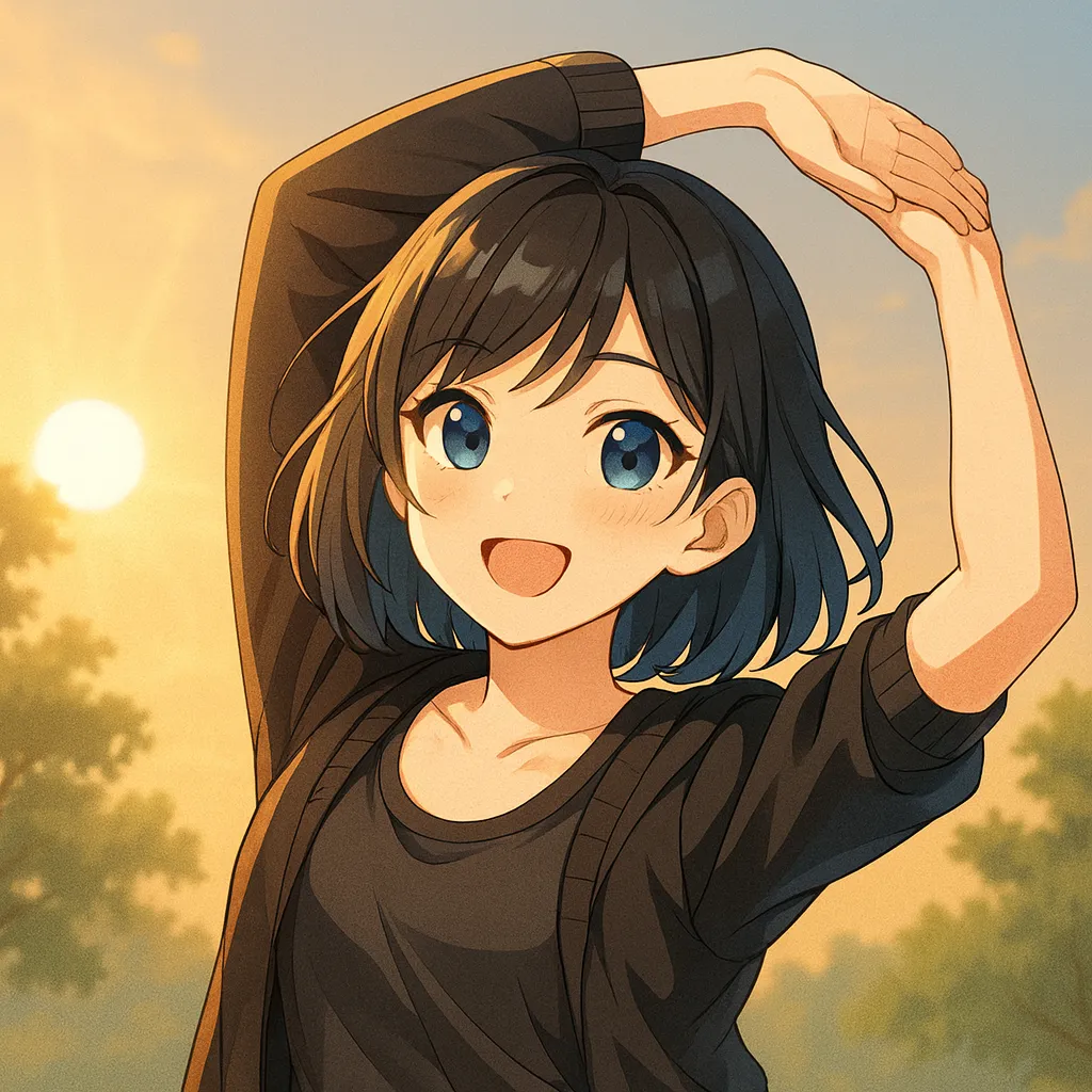 サウナで代謝を高める女性が朝日を背景にストレッチをしている様子