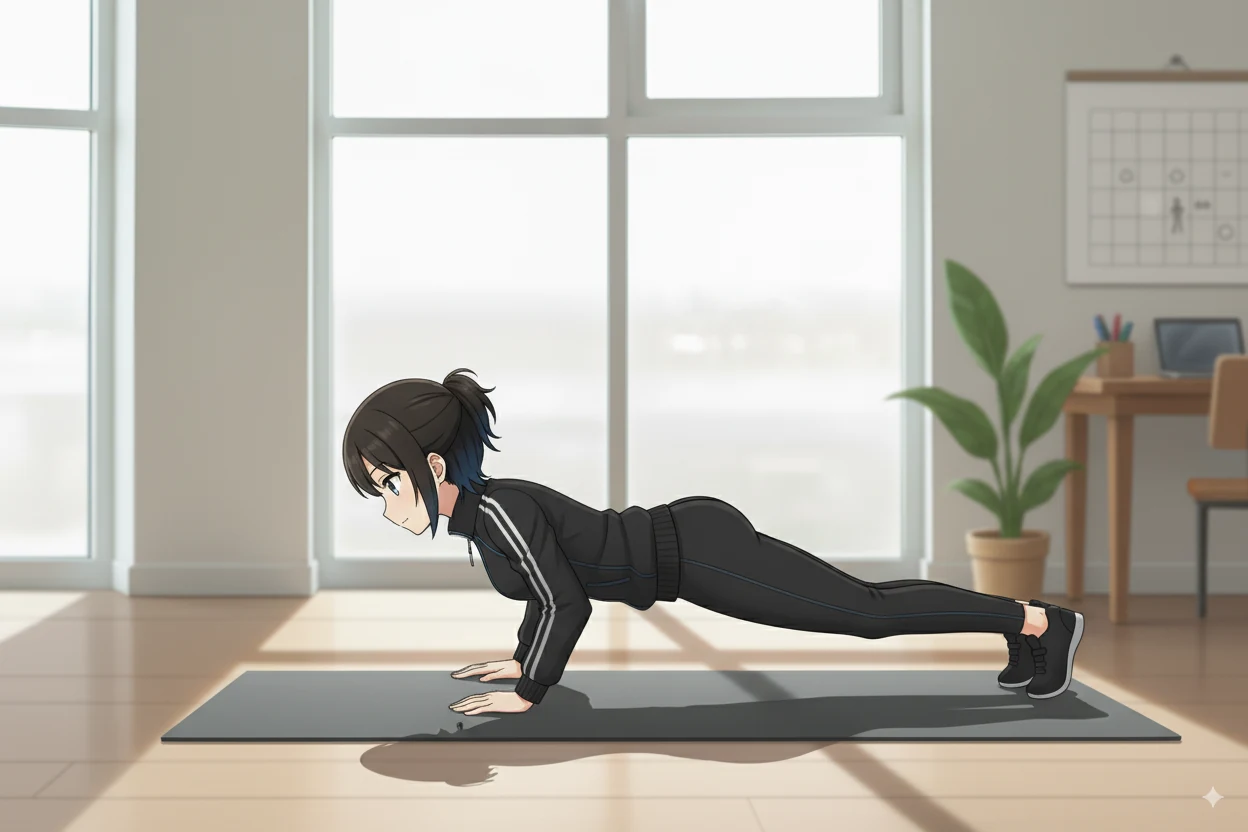 cortisちゃんの腕立て伏せ：手は肩幅やや広め、肘は45度、頭—肩—腰—かかとが一直線の正しいフォーム