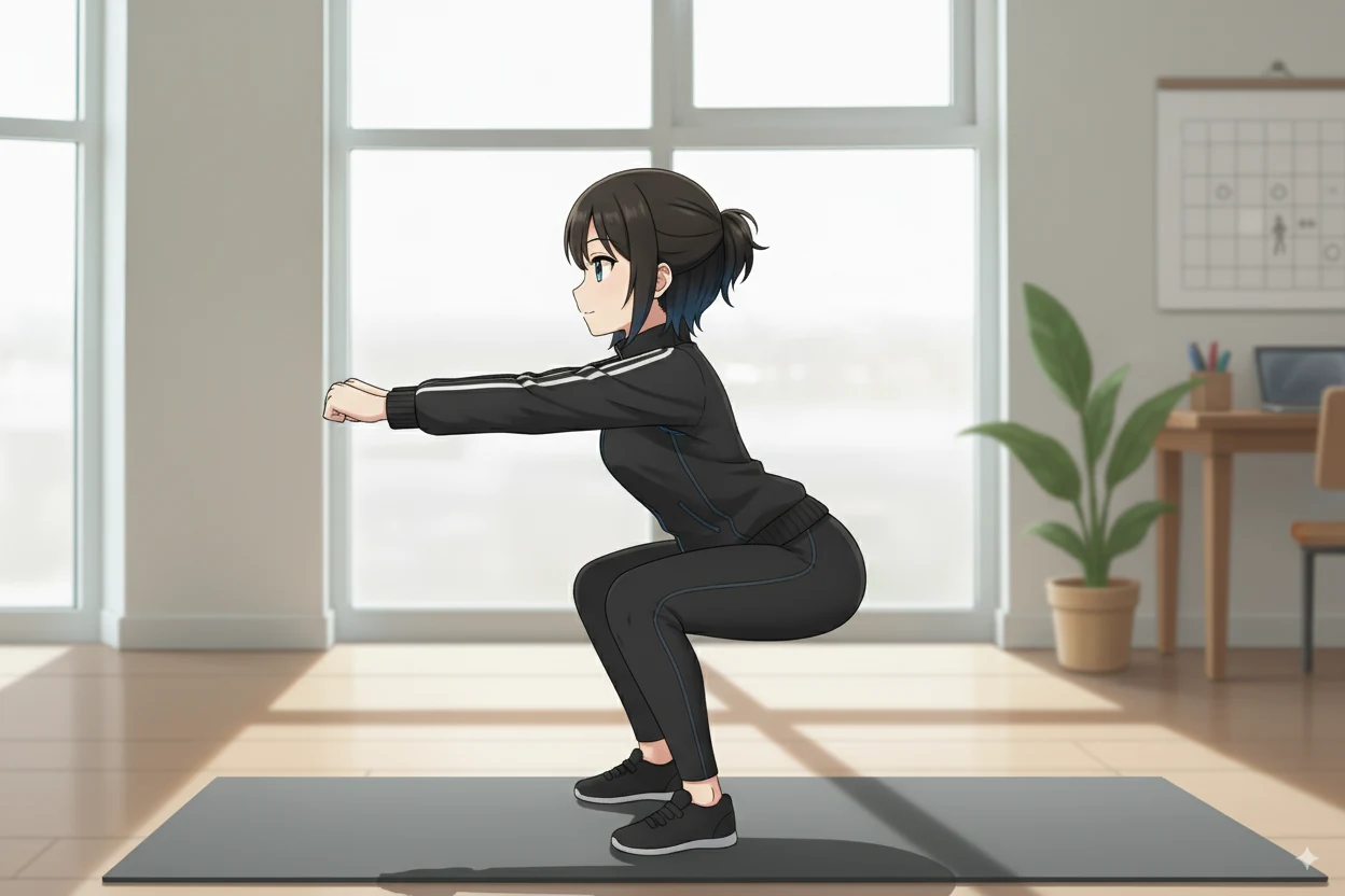 cortisちゃんのスクワット横フォーム：膝はつま先の方向に揃え、背中は中立、かかと接地