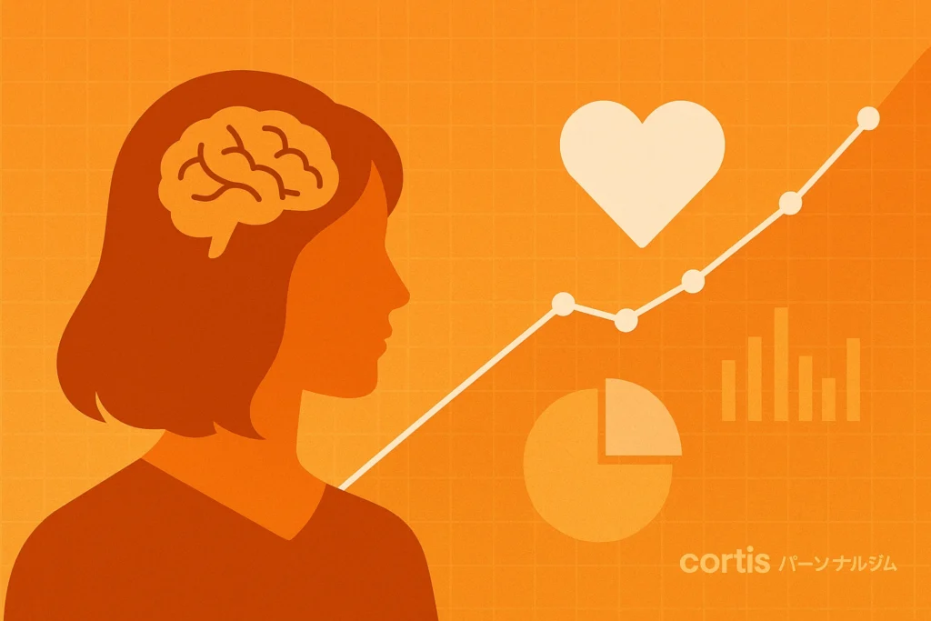 Orange illustration of a woman’s profile with a brain icon and analytics charts, symbolizing data-driven insights into female infidelity psychology.