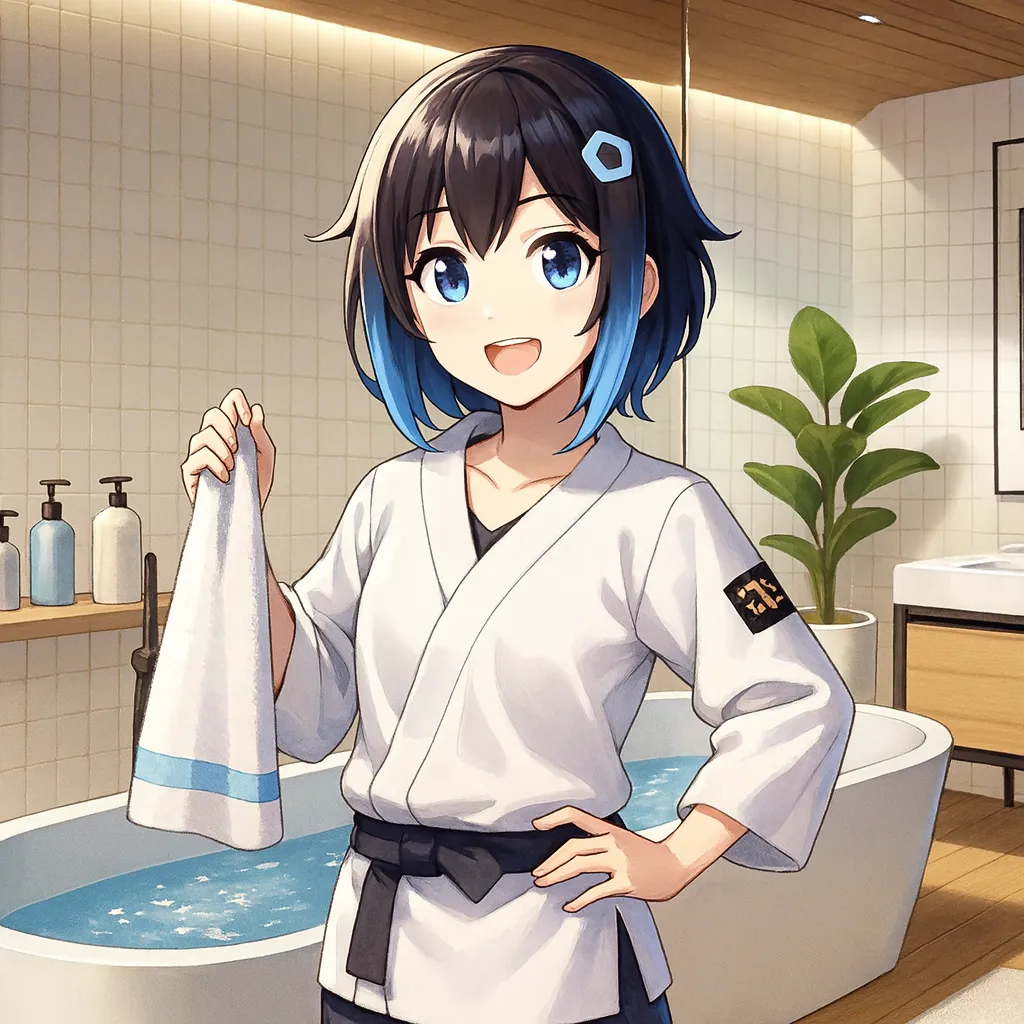 サウナと腰痛の関係をイメージした女性キャラクターのイラスト。乾式サウナによるADL向上と生活の質改善を表現。