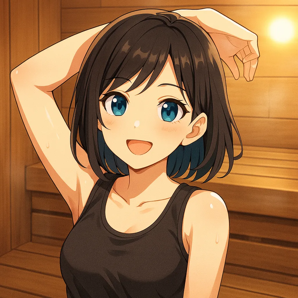 サウナでリラックスする女性キャラクターのイラスト。腰痛改善に役立つ乾式サウナの温熱効果をイメージ。