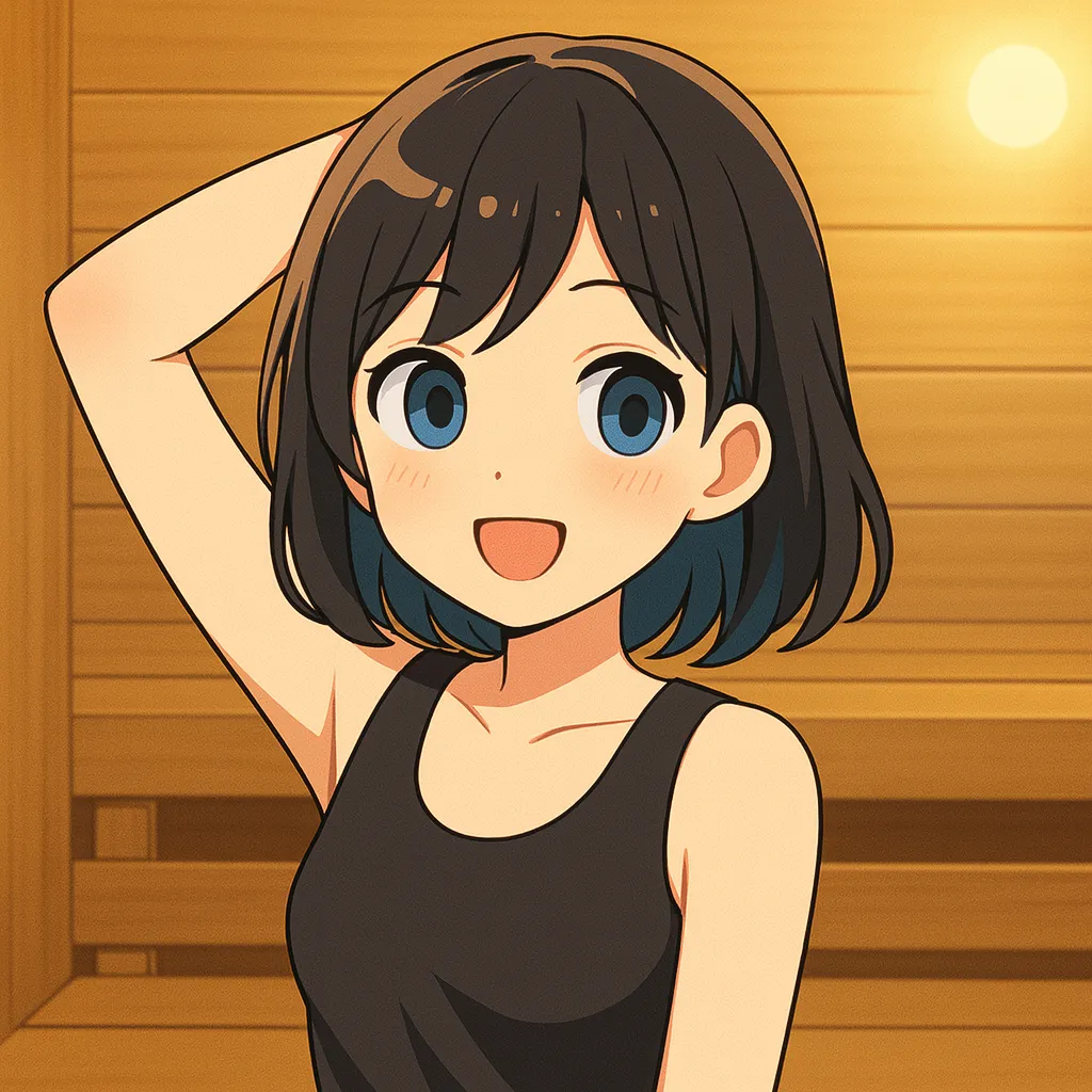 サウナでリラックスしながら代謝アップをイメージする女性キャラクターのイラスト