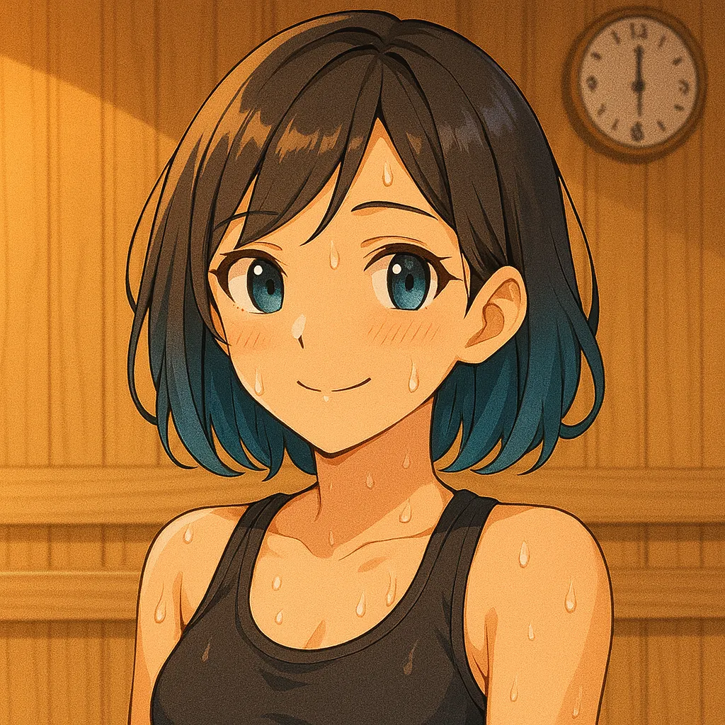 サウナでリラックスしながら汗を流す女性キャラクターのイラスト。腰痛改善やADL向上をイメージ。
