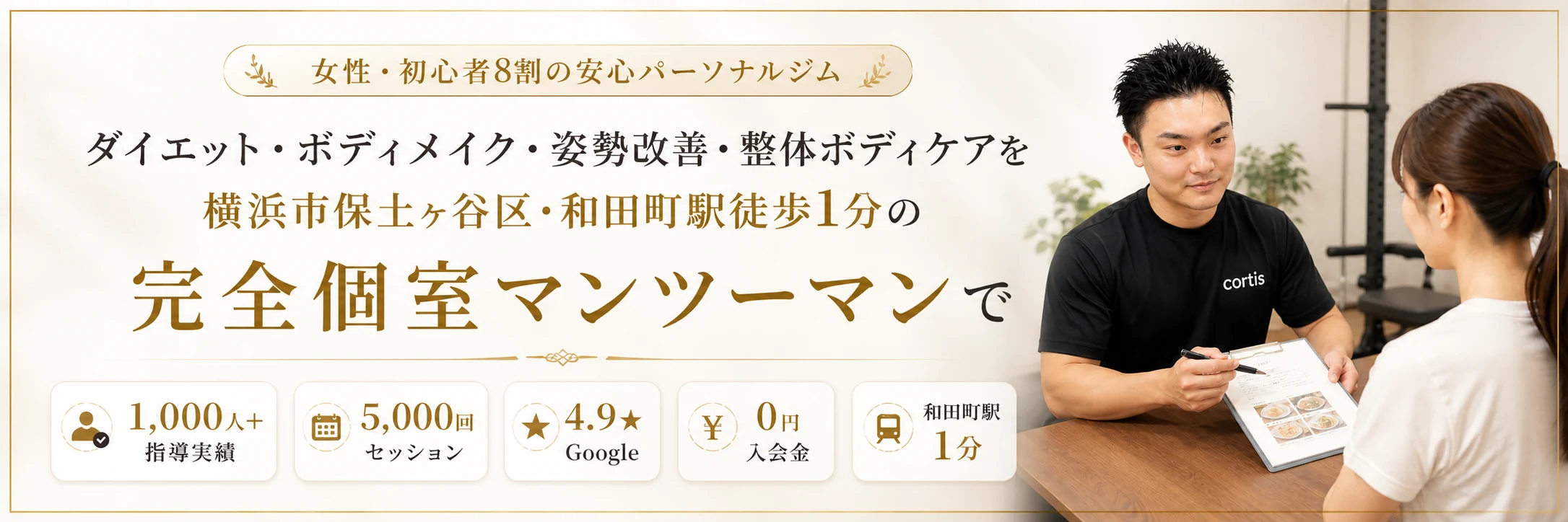 cortis 女性・初心者8割の安心パーソナルジム ダイエット・ボディメイク・姿勢改善・整体ボディケア 1,000人+指導実績 5,000回セッション 4.9★Google 0円入会金 和田町駅1分