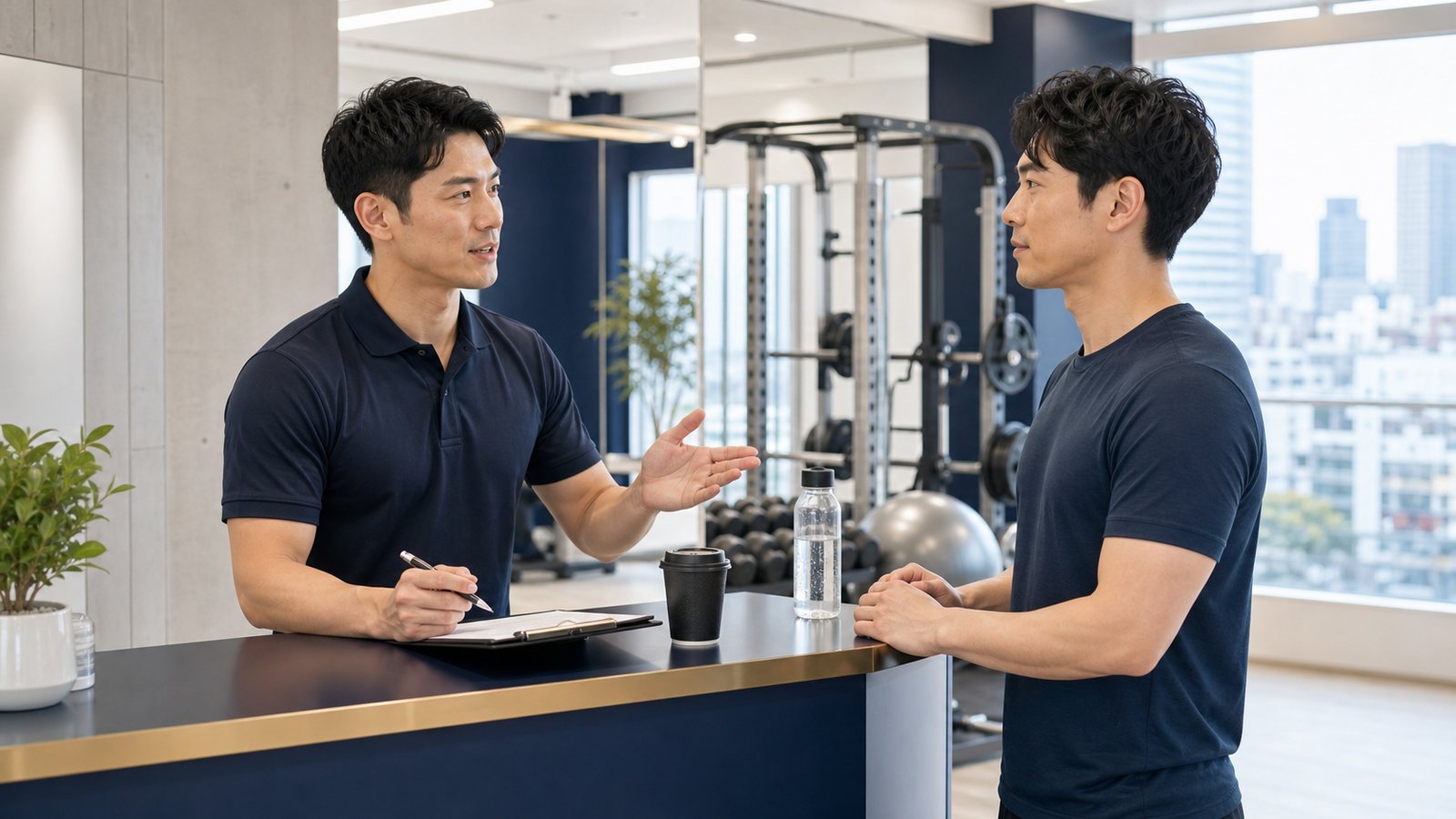 運動前にカフェインと水の取り入れ方を相談する様子