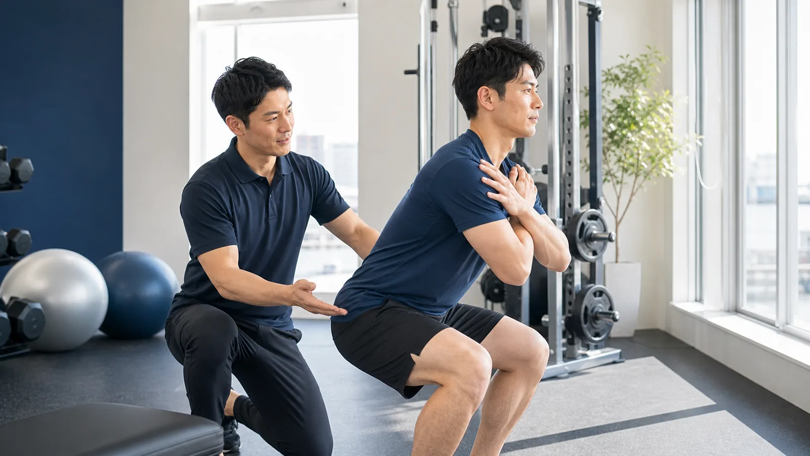 パーソナルトレーナーがスクワットフォームを確認している様子