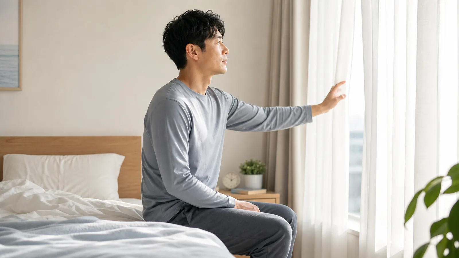 朝だるい日にカーテンを開けて光を浴びる人物