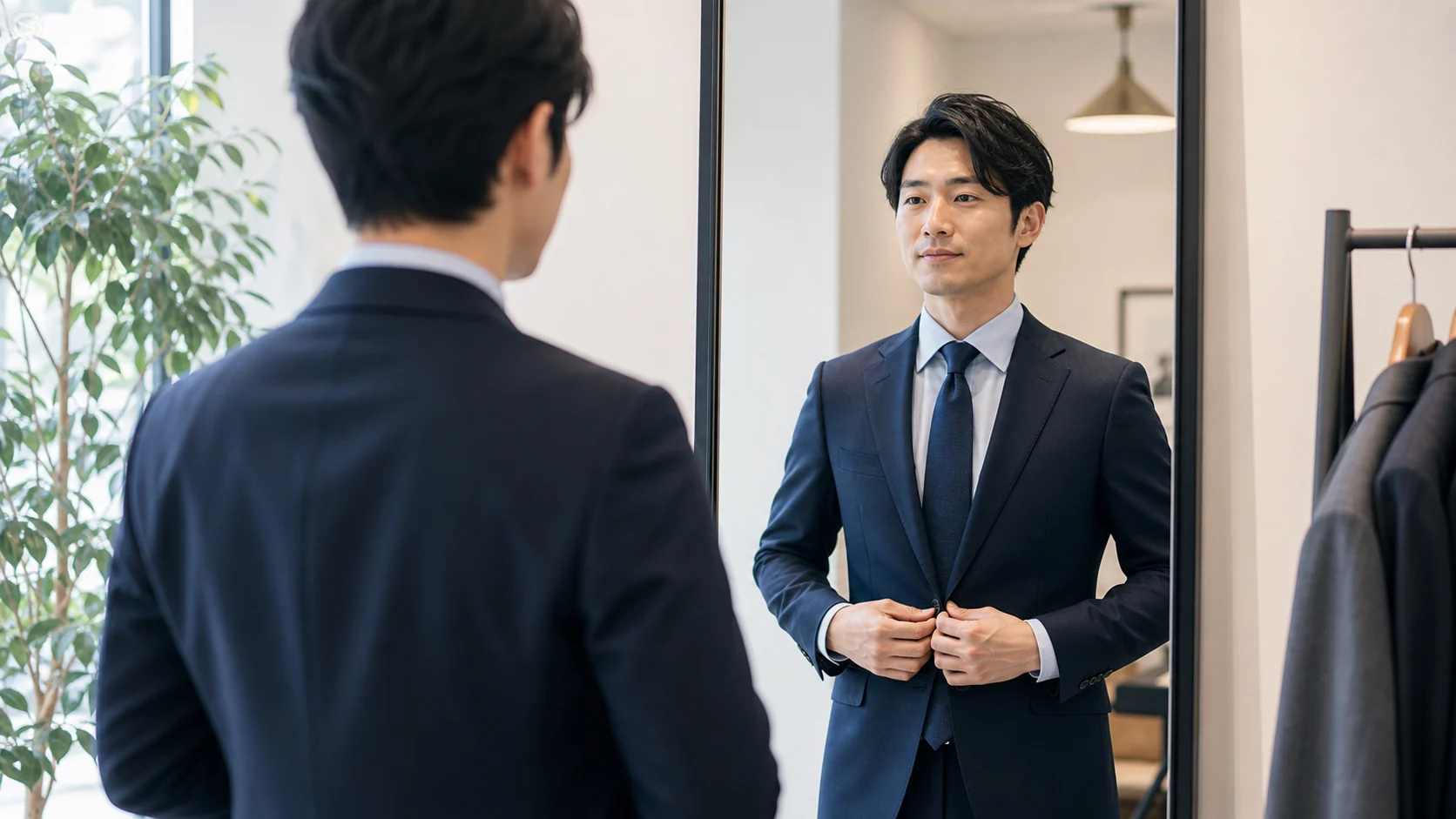 スーツの肩線やシルエットを確認するイメージ