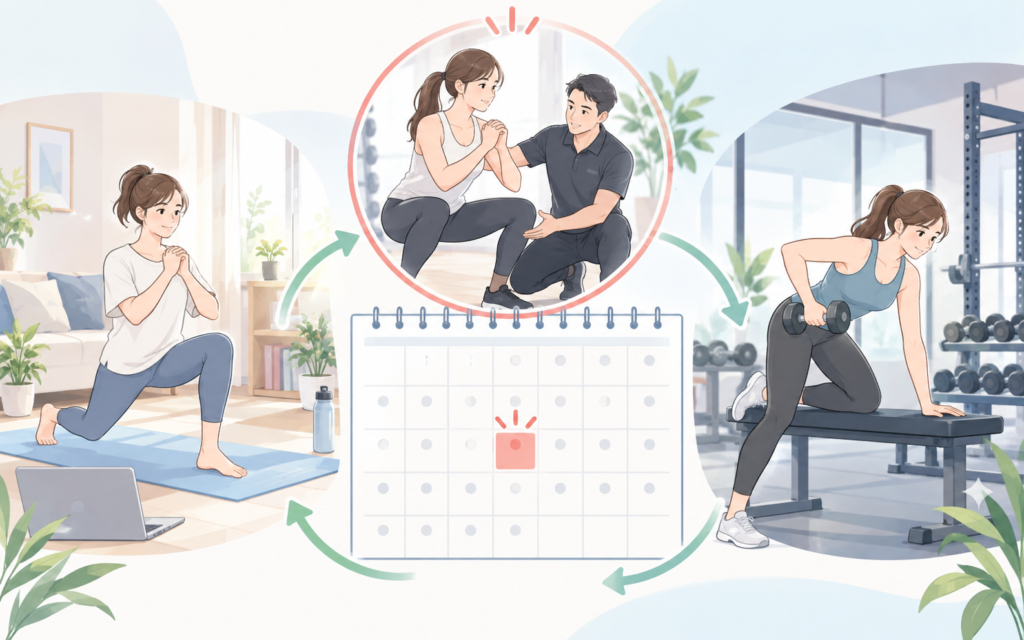 月1回の個別指導と自主トレーニングを組み合わせる考え方を示すイラスト