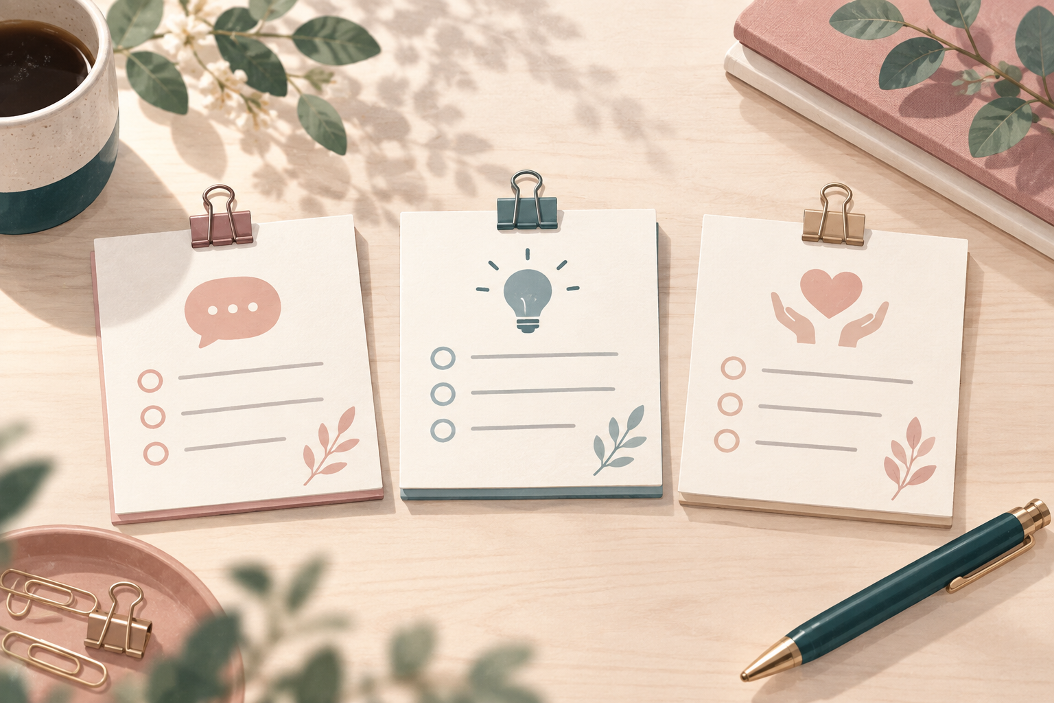 事実・希望・確認したいことを分けて書く3枚のメモのイラスト