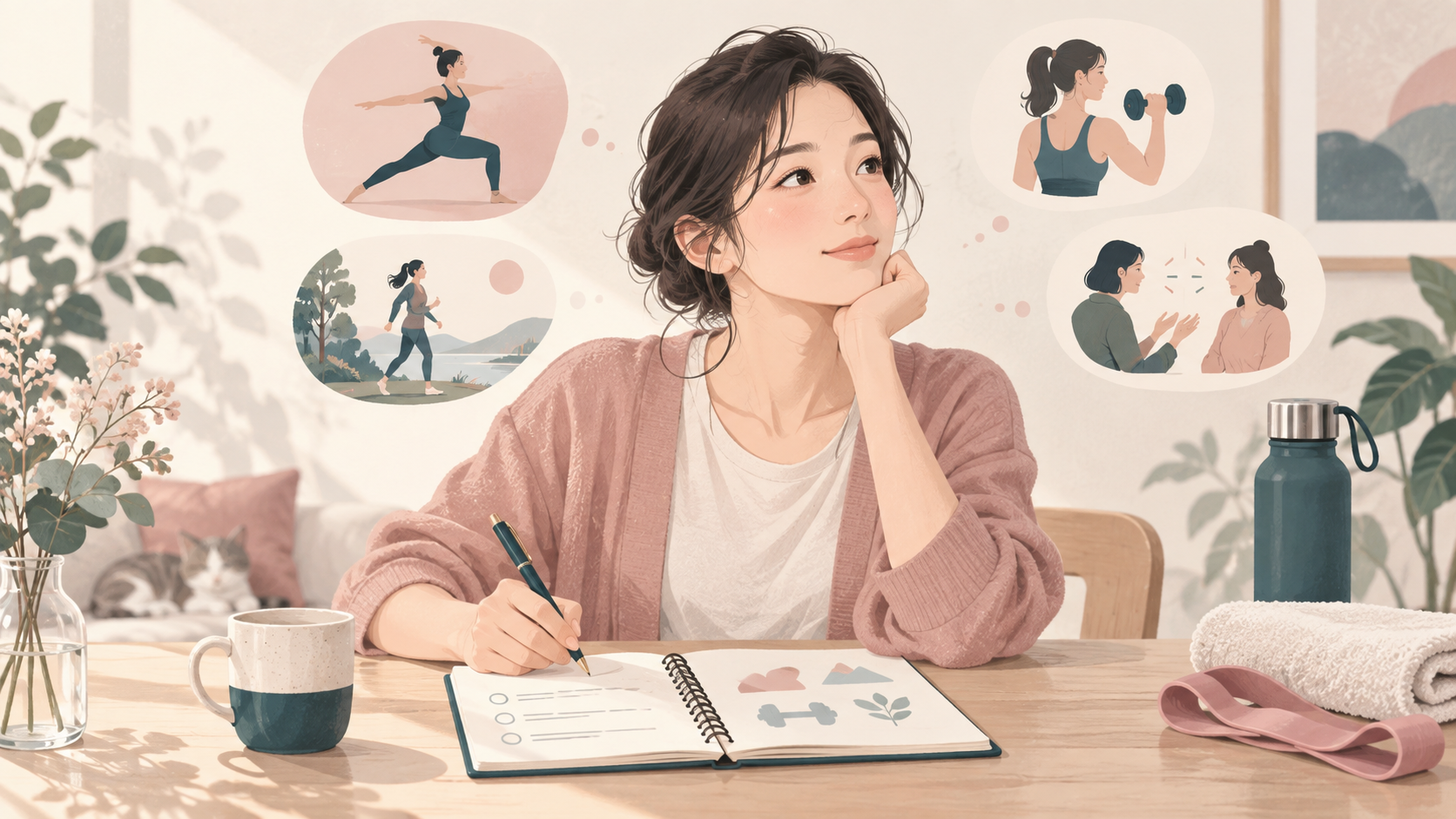 運動指導で希望する説明の仕方をノートに整理する女性のイラスト